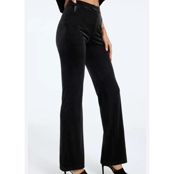 Good American Velour Pants Flare Legs WMNS 1 Black Velvet High Waisted Slimming - Picture 2 of 12